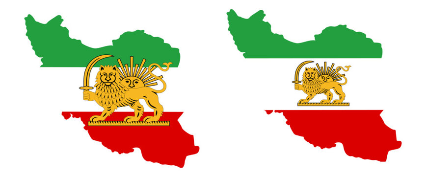 Tricolour flag of Iran 1886 with country map silhouettes in green, white and red
