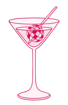 Pink Martini Cocktail Glass with Mirror Disco Ball Inside, Retro 70s Nightlife Party