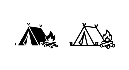 Nature camping tent and campfire icon set for outdoor forest recreation © MdDelowar
