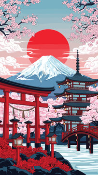 A serene japanese landscape featuring mount fuji a pagoda and cherry blossoms vector art