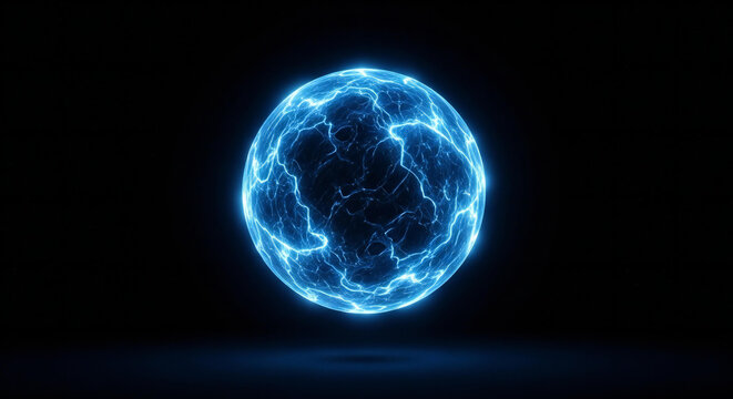 A 3d illustration of a glowing blue plasma ball on a black background depicting a global energy sphere like a planet or sun in the dark universe of astronomy and science