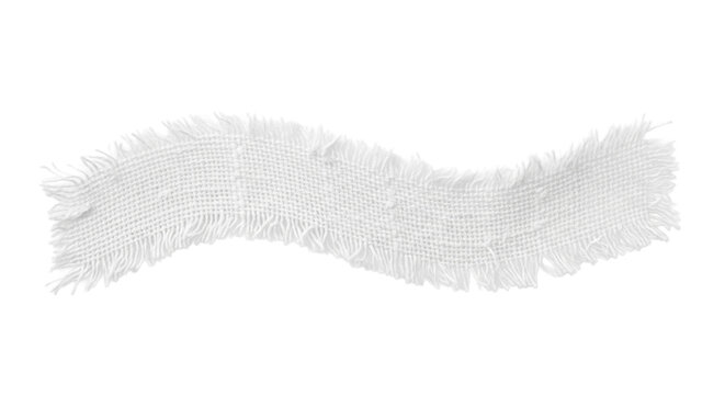 A single horizontal strip of heavy-duty, coarsely woven white linen fabric with an organic s-curve and frayed edges, isolated on a seamless transparent background, clean professional texture study