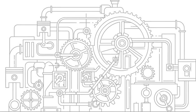 Detailed line art illustration of an intricate industrial machine with gears, pipes, and pistons showcasing complex mechanical engineering and system dynamics.