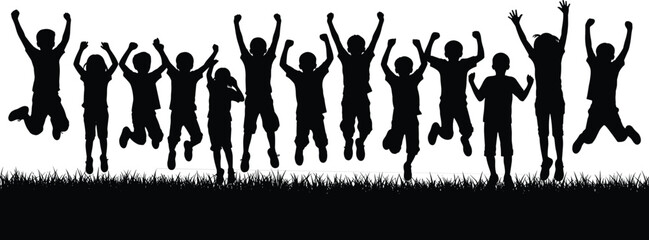 Black silhouette vector illustration set featuring a large group of happy children jumping and cheering on a grass field for summer camp youth community
