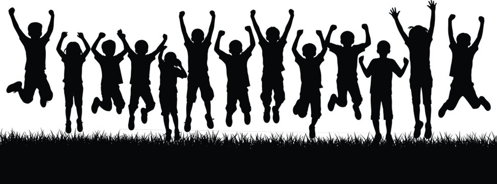 Black silhouette vector illustration set featuring a large group of happy children jumping and cheering on a grass field for summer camp youth community