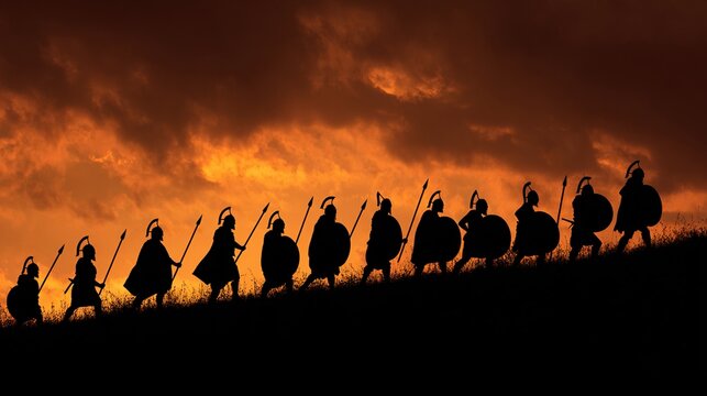 phalanx. Silhouette of warriors in phalanx formation against a dramatic sunset. inspiring travel planning, event programs, designed for cultural heritage projects and event programs.