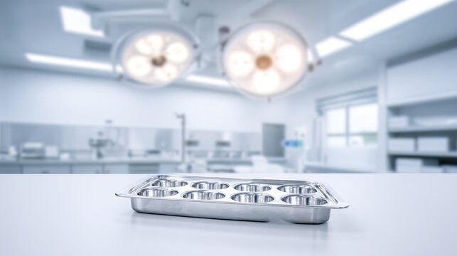 highkey. A sterile and clean medical setting with an empty surgical tray under focused lighting. STEM education sheets, lab safety posters, designed for STEM education and laboratory safety posters.