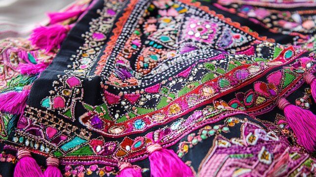 choli. A vibrant traditional dress with intricate mirror work and tassels on fabric. event programs, museum guides, designed for cultural heritage projects and event programs.