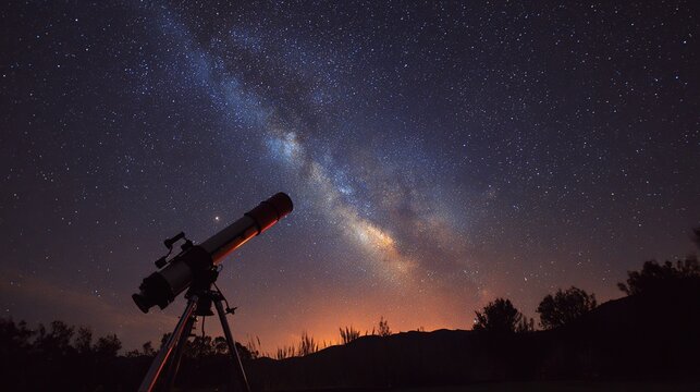 eyepiece. An astronomical telescope pointed at the starry Milky Way. STEM education sheets, lab safety posters, designed for biotech research communications, highlights discovery.