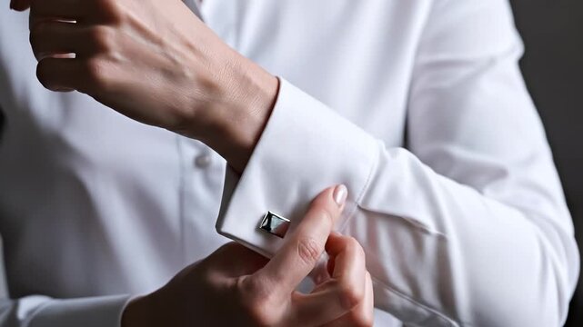 Closeup hands adjusting white shirt cuff, studiolit formal dressing scene, man fastening metal cufflink, smooth cotton fabric, subtle sleeve alignment, focused preparation for wedding