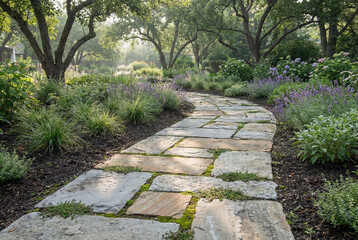 Obraz premium Stone pathway winding through a lush garden with flowering plants 