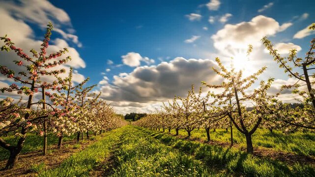 Blooming orchard under dramatic sky with sunrays shining through clouds