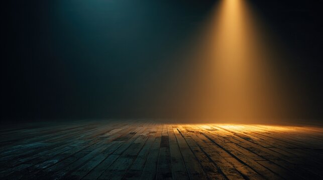 backstage. Empty theater stage with a solitary golden spotlight, creating a dramatic and mysterious ambiance. event programs.