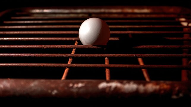 pong. White ping pong ball inside rusty metal cage on dark background. product launch decks, UI/UX mockups, designed for product launches and innovation pitches, used by professors.