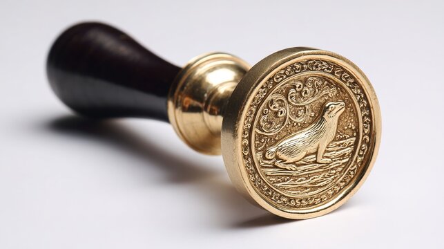 heraldry. Close-up of a golden seal emblem on white, emphasizing its intricate details and formal elegance. event programs, museum guides, designed for cultural heritage projects and event programs.
