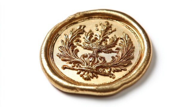 heraldry. Close-up of a golden seal emblem on white, emphasizing its intricate details and formal elegance. event programs, museum guides, designed for cultural heritage projects and event programs.