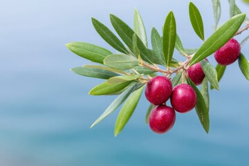 Obraz premium red olives on an olive tree branch with a blue sea background