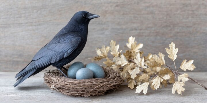 a black crow sitting on top of three dark eggs in an ornate nest with golden leaves and acorns, on a rustic wooden background