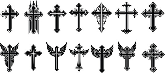 Black silhouette vector illustration set featuring various ornate christian crosses and crucifix symbols with wings for religious church faith and spiritual branding design © rehna