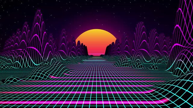 Cinematic Synthwave Neon Sunset Landscape 4K Seamless Loop