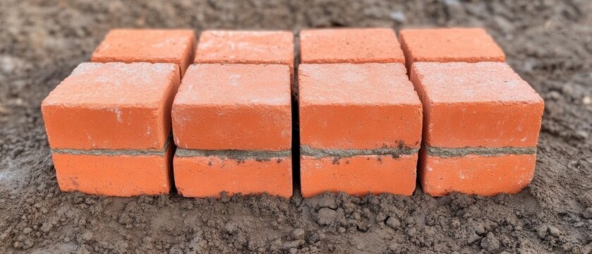 Red brick blocks arranged in two rows on soil, showing rough texture and cement lines, symbolizing construction and building work