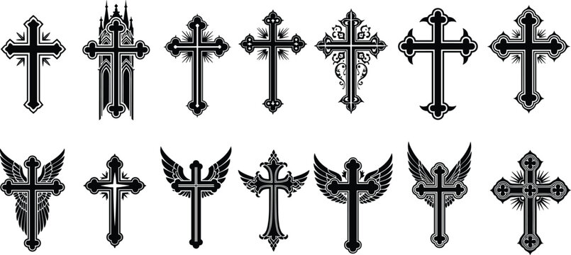 Black silhouette vector illustration set featuring various ornate christian crosses and crucifix symbols with wings for religious church faith and spiritual branding design