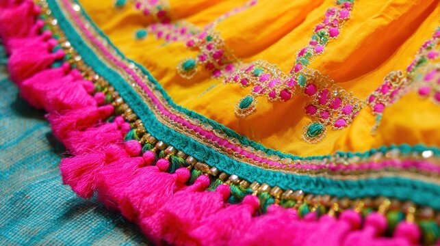 choli. A vibrant traditional dress with intricate mirror work and tassels on fabric. event programs, museum guides, designed for cultural heritage projects and event programs.