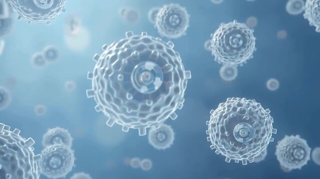 青背景に浮かぶ人間細胞を三次元で表現した医療と科学の背景動画素材