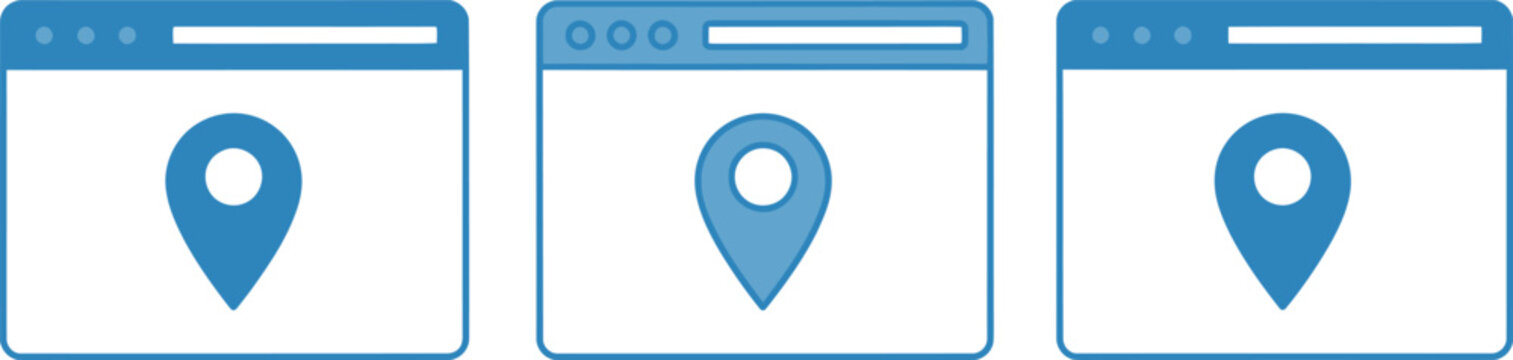 Set of 3 blue location pin icons on browser windows vector for web and app design