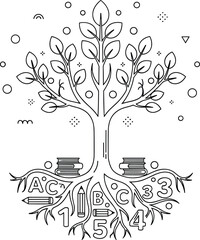 Educational tree of knowledge line art vector with books roots numbers letters learning coloring page illustration © MdAbdul