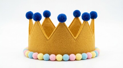 A handcrafted felt birthday crown in golden yellow featuring blue pompom accents on each point