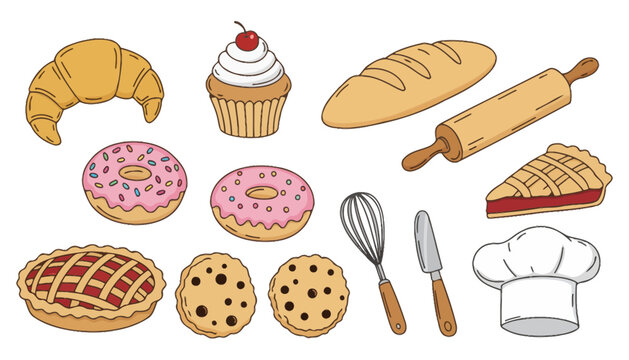 Baked goods illustration including various sweet and savory pastries and desserts