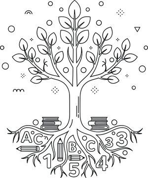 Educational tree of knowledge line art vector with books roots numbers letters learning coloring page illustration