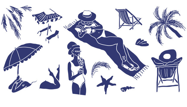 Beach illustration set with people relaxing on the sand and sea