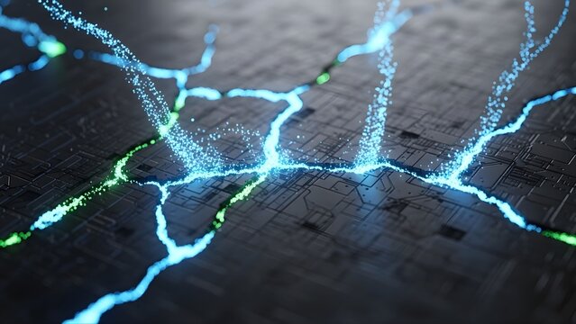 Abstract dark metallic surface with glowing blue and green cracks and energy particles, representing data flow, network connections, or digital breakdown.