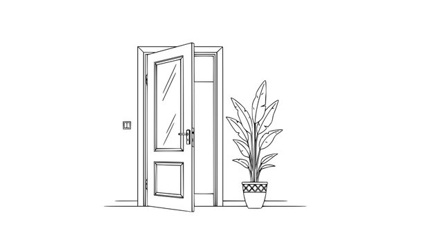 Modern minimalist open door and indoor plant line art interior design vector illustration
