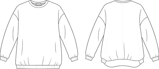Technical flat sketch vector illustration of a basic long-sleeve button-down shirt with collar and cuff details, front and back view for apparel design, formal wear, and clothing templates.