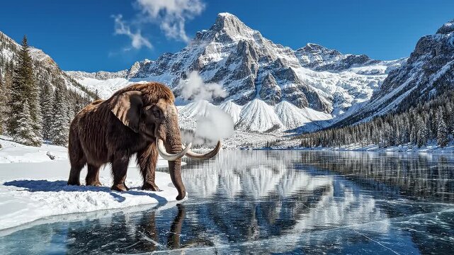 Woolly Mammoth Standing on Frozen Lake in Snowy Mountain Peaks