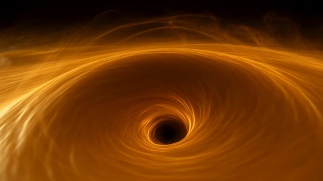 Visual representation of a swirling black hole with vibrant orange and yellow hues against a dark background.