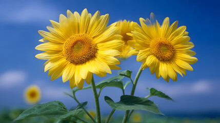 Obraz premium Yellow flowers blooming under blue sky bright nature spring summer floral beauty concept