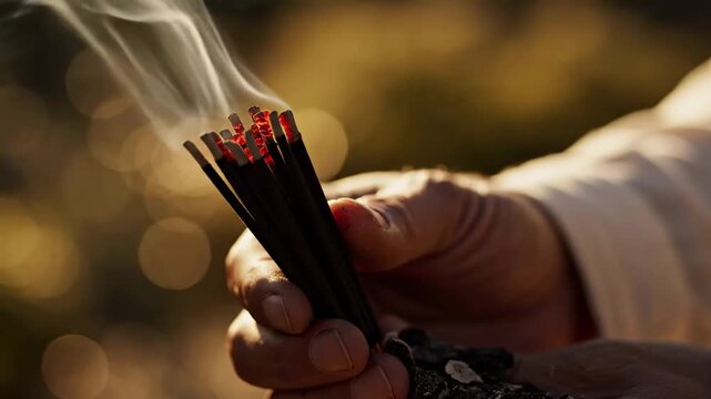Serene Spiritual Ritual featuring a close-up of a hand holding burning incense sticks with rising smoke against a golden bokeh background, perfect for meditation guides and cultural documentaries.