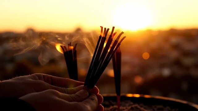 Serene Spiritual Ritual with hands holding incense sticks against a golden sunset cityscape ideal for meditation and mindfulness content.