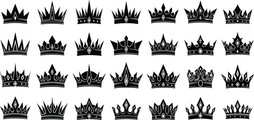 Fototapeta premium Large Collection of Black Royal Crown Silhouettes Vector Icons Set Featuring Diverse Majestic King Queen Prince and Princess Tiara Headwear Designs for Luxury Branding