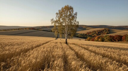 Fototapeta premium A woman stands in a field of golden wheat at sunset, surrounded by autumnal trees and rolling hills.