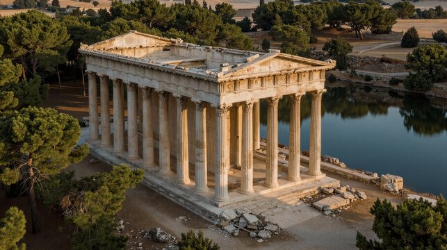 The Parthenon temple stands majestically on a hill overlooking the Mediterranean Sea, its ancient stone fa&ccedil;ade glowing warmly in the soft morning light.