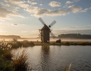 Fototapeta premium A traditional wooden windmill stands serenely on a small island in a misty lake during sunrise or sunset.