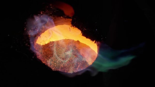 Top down view of metal fragments being stirred into a glowing hot crucible of molten liquid