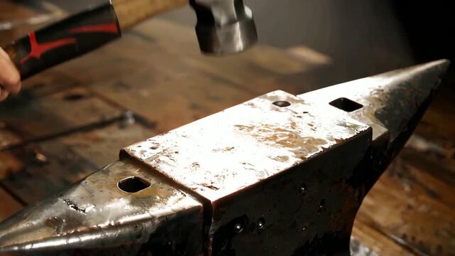 Blacksmithing Metalworking Hammering Hot Metal on Anvil.