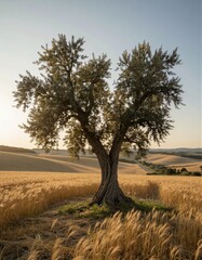 Fototapeta premium A lone olive tree stands proudly in a sun-kissed field of golden-brown stubble, its twisted trunk and vibrant green leaves bathed in the warm, soft light of early morning.