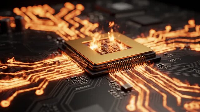 Dramatic Overheating CPU with intense orange flames on a dark motherboard ideal for cybersecurity and hardware failure concepts.